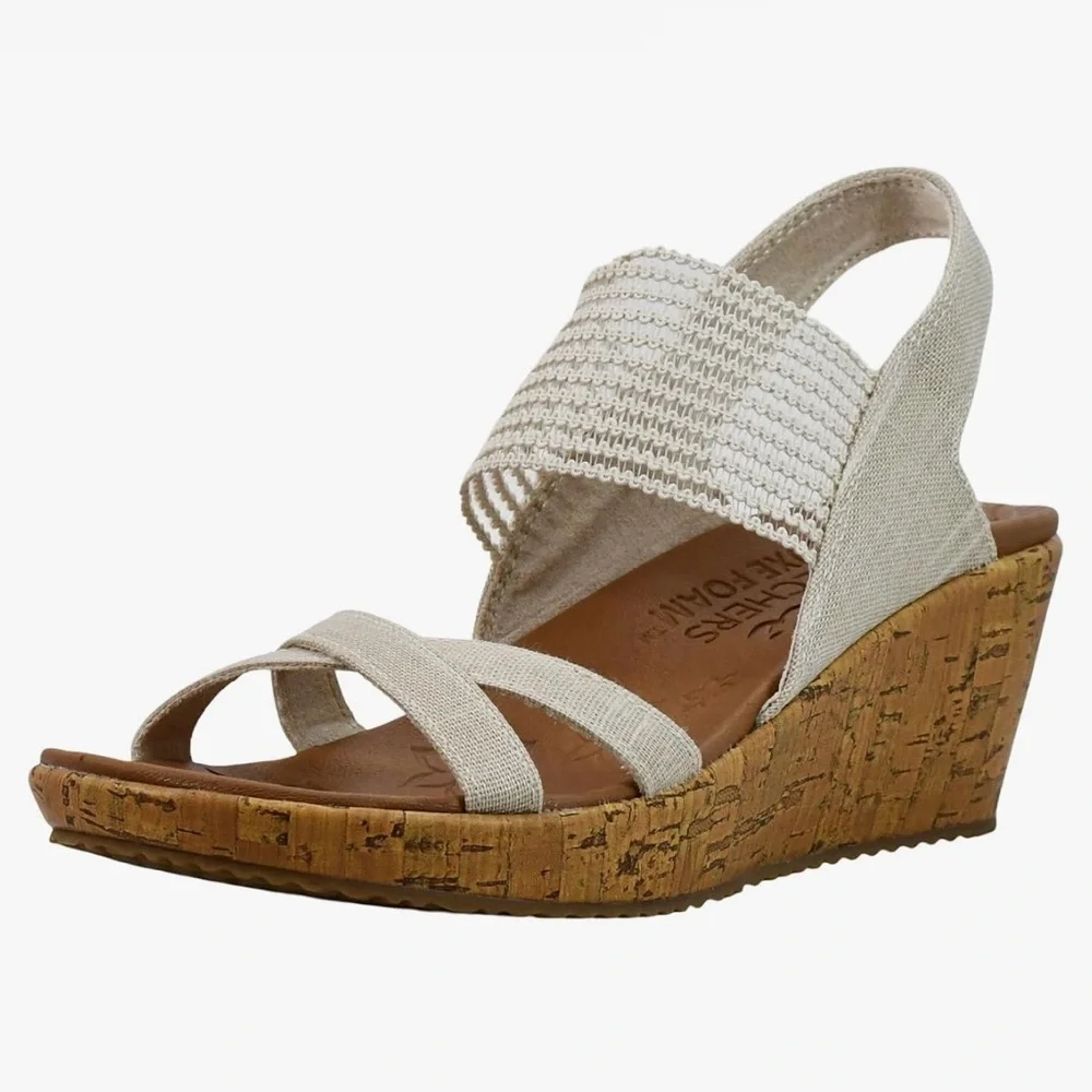 Skechers Women’s Beige Cork Wedge‎ Sandals Sz 9